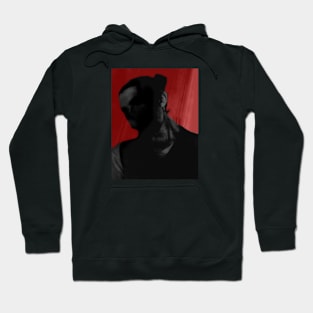 Special processing. Dark mystic king, death itself. Very strong guy, portrait. Head and neck. Red and gray. Hoodie